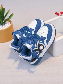 1 Pair Back-To-School Essential Casual Two-Tone Patchwork Hip-Hop Thick Sole Sports Sneakers Streetwear Lace-Up Skate Shoes Non-Slip - Blue - View 2