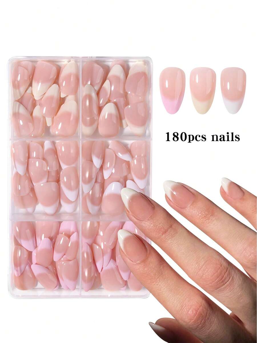 180 miếng (6 kiểu hỗn hợp) móng tay giả dán kiểu Pháp hình hạnh nhân ngắn màu trắng kem & hồng gradient, bộ móng acrylic giả, bao gồm 1 miếng keo gel và 1 miếng dũa móng - Nhiều màu - Xem 1