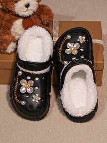 HOEASE Girl's Winter Plush Lining Garden Clogs, EVA Soft Sole Comfortable House Slipper With Slip-On Design, Ideal Gift For Halloween And Christmas - Black - View 3