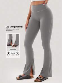 YEOREO Flare Split Hem Leggings For Women Tummy Control Workout Leggings Nasreen Hidden Scrunch Bootcut Gym Yoga Pant - 淺灰色 - 查看 2