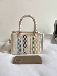 Fashionable Vacation Style Colorful Striped Handbag Women's New Woven Handle Niche Shoulder Crossbody Bag Mini Square Bag - A - View 10