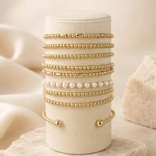 9pcs Bohemian Style Handmade Beaded Elastic Bracelet Set, Multi-Layer Stackable Bracelets, Suitable For Women's Daily, Vacation, Party Wear - Gold - View 2