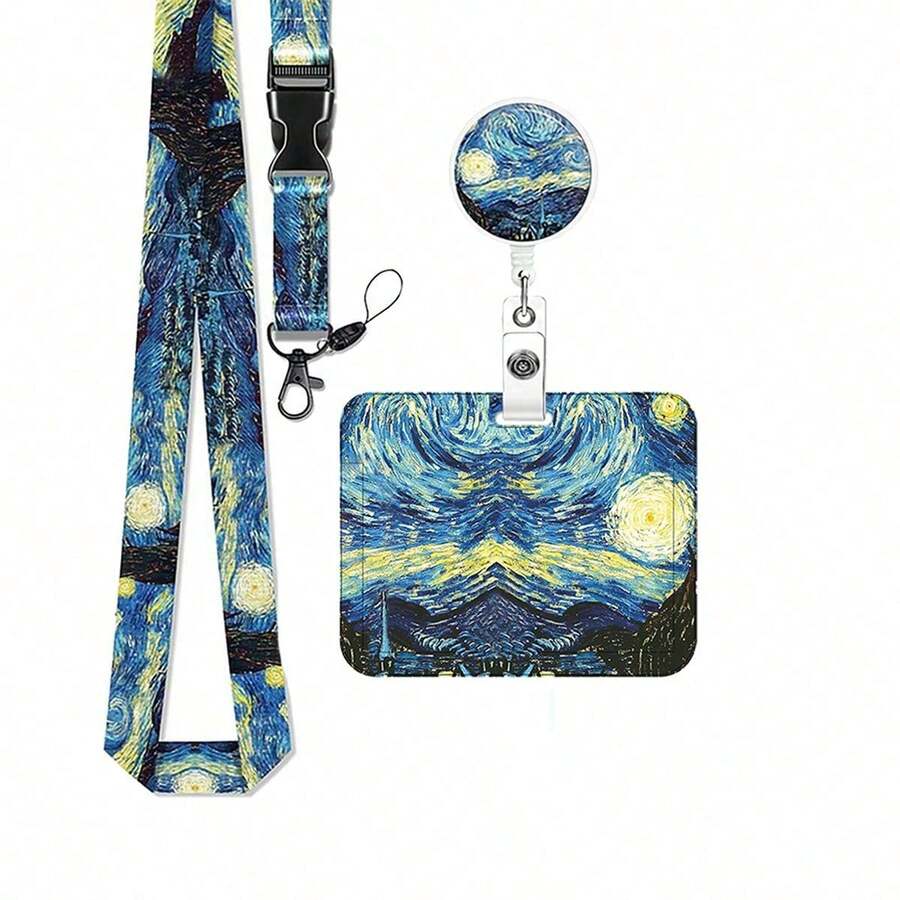 1 Set (Badge Clip + Card Holder + Lanyard) Night Sky Fashion ID Badge Clip, Versatile Fun Retractable Badge Reel Nursing Accessory, Detachable Adjustable Practical Lanyard, Teacher Name Card Badge Holder, ID Card Holder Protective Case Suitable For Men, Women, Teachers, Students, Healthcare Workers, Interns, Assistants, Office Holiday Gift (Blue) - Fashionable - View 1
