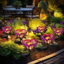 Purple Tulip Solar Ground Light, Metal Flower Cracked Glass Solar Pathway Light, Waterproof Garden Lawn Decorative Landscape Light With Butterfly - 紫色花朵地插 - 查看 5