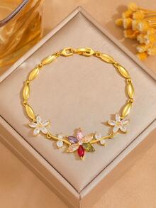 3pcs/Set Colorful Zirconia Flower Bracelet, 18K Gold Plated Luxury Floral Colorful Diamond Petal Thin Bracelet For Women - Gold - View 13