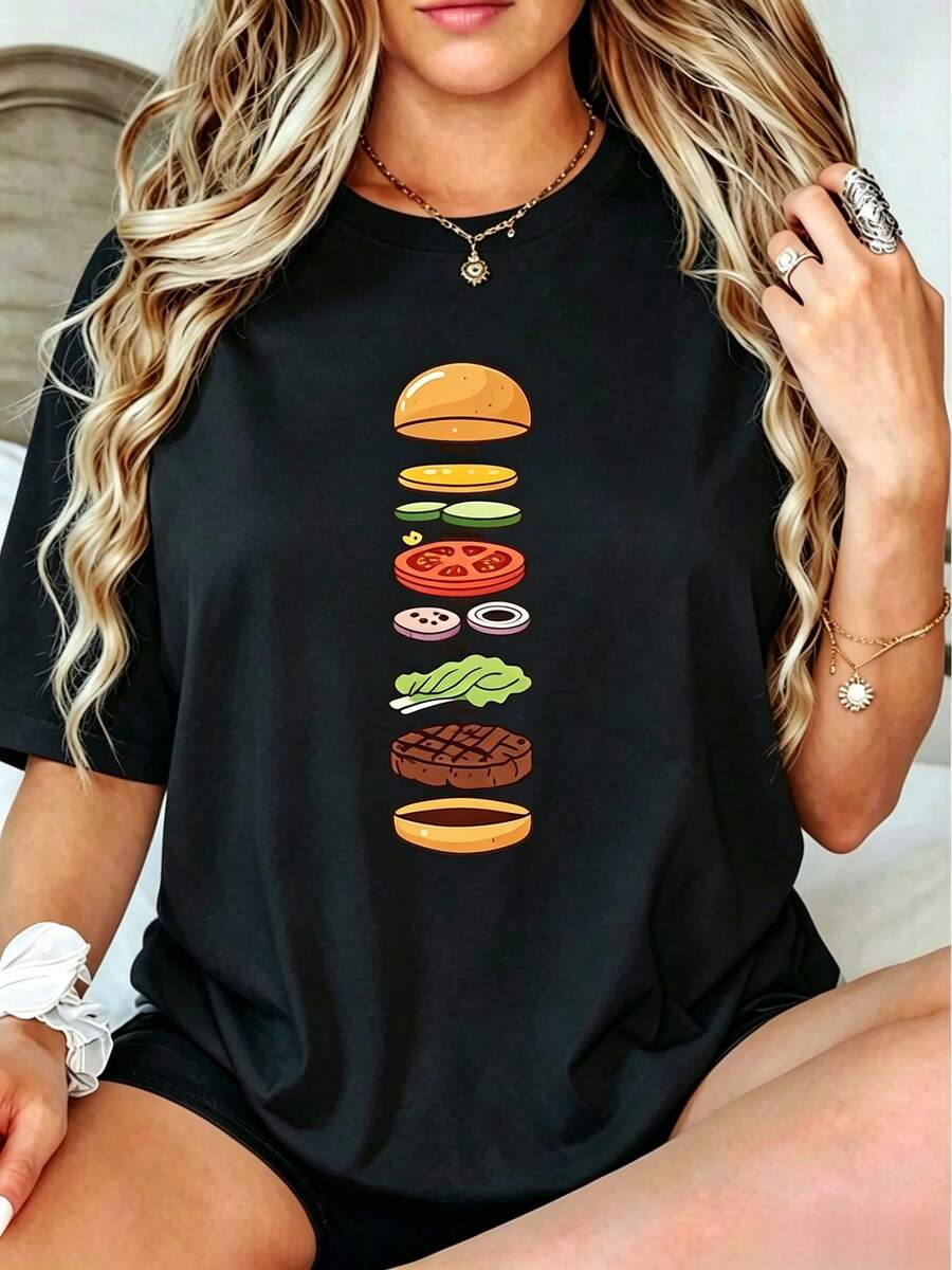 Fun Hamburger Decomposition Diagram Print Short-Sleeved Women's T-Shirt, Personalized Pattern Pure Short-Sleeved Fashionable And Versatile Top - style2 - 查看 1