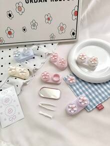XIANG YU 2pcs Cute Flower Design Contact Lens Case With Mirror, Portable Drawer Storage Box, Pastel Color Lens Holder, Compact Travel Organizer With Accessories - Multicolor - View 5