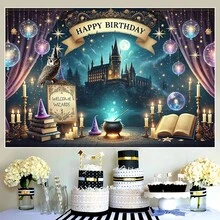 1件巫師生日快樂橫幅 巫師生日快樂背景布 巫師派對裝飾品 魔幻生日裝飾品 魔幻派對裝飾品 巫師背景布 房間裝飾用 - 查看 2