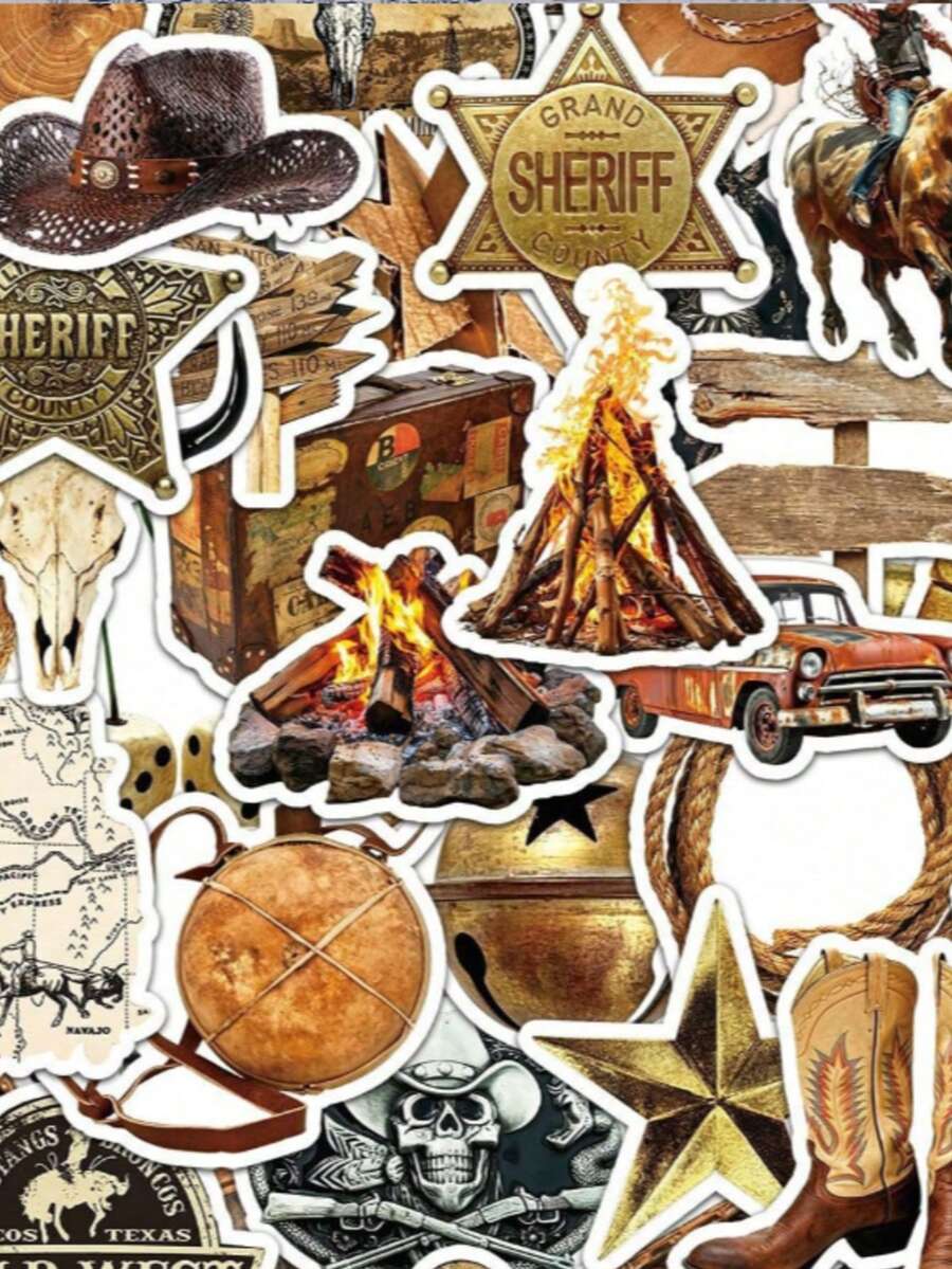 50pcs Western Cowboy Stickers, Western Decor, Western Gifts, Cowboy Decals, Rodeo Stickers, Western Theme Vinyl Stickers, Suitable For Laptops, Bumpers, Skateboards, Water Bottles, Computers, Phones - Brown - View 1