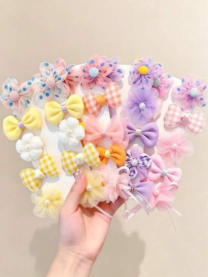 40 buah Jepit Rambut Pita Motif Bunga Kotak-kotak dari Kain Tulle Warna-warni, Aksesori Rambut Modis Sehari-hari dengan Hiasan Mutiara Manis untuk Anak Perempuan