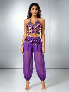 Professional Belly Dance Beaded Coin Fringe Halter Crop Top, Elastic Waist Dot Mesh Harem Pants For Dance Training, Cabaret Shows And Competitions - Multicolor - View 13
