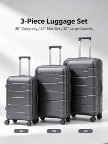 3 Piecesgray Hard-Shell Luggage Set, 20+24+28-Inch Suitcases, Lightweight PC Rolling Luggage, Silent Spinner Wheels, TSA Lock, Expandable, Suitable - Dark Gray PP1 - View 2