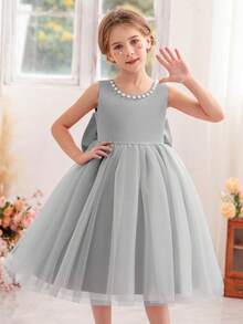 Young Girl Pearl Decor Bow Back Deep V Party Dress, Suitable For Birthday Party, Gift, Evening Gala, Dance, Holiday Celebration, Wedding Flower Girl Dress - Grey - View 6