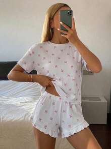 DAZY 两件套女士休闲睡衣套装，可爱蝴蝶结印花上衣，轻盈透气家居服套装，夏季 - 白色 - 查看 2