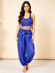 Professional Belly Dance Rhinestone Fringe Halter Crop Top, Elastic Waist Dot Mesh Harem Pants For Dance Training, Gala Shows And Competitions - Multicolor - View 12