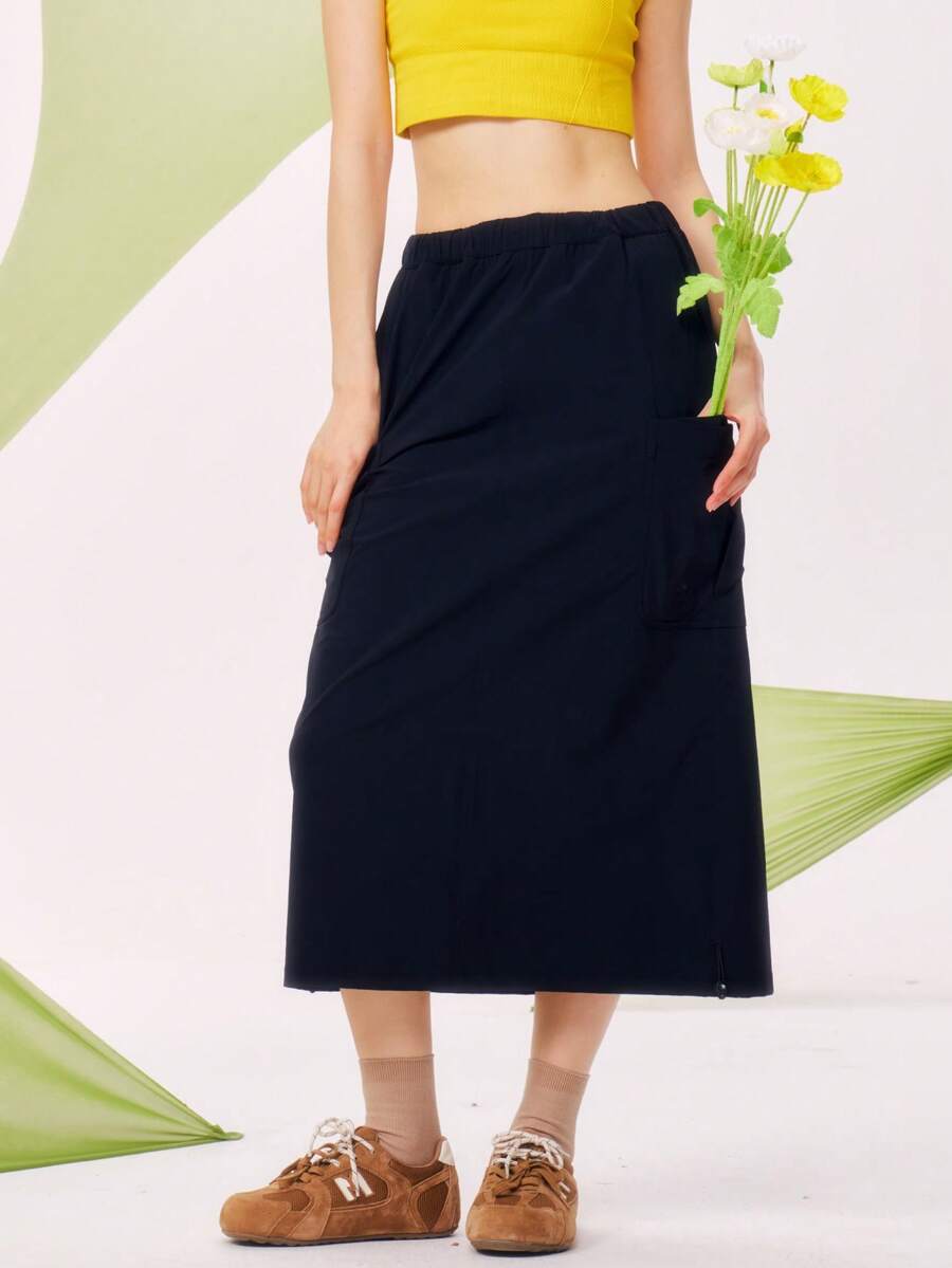 Women's Outdoor A-Line Midi Skirt, Spring Quick-Dry, Loose Fit Slimming, High Elasticity Commute Work Skirt - Phantom Black - View 1