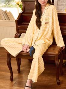 Gongdie 2 Pieces Disney Winnie The Pooh Women Pajama Set,Spring Fall Gingham Soft Cotton Loungewear With Zigzag Trim And Pocket - Yellow - View 4