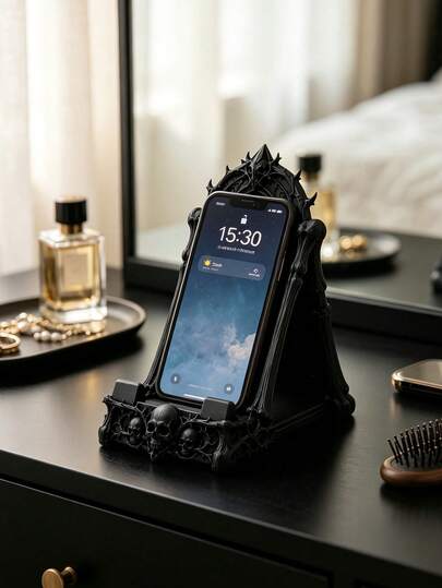 Gothic Skull Phone Stand, Dark Gothic Style Desktop Phone Holder With Skull And Thorn Details, Black Decorative Desktop Phone Stand, Suitable For Desk, Bedside Table, Shelf, Home Office Decor, Gift For Gothic Style Enthusiasts