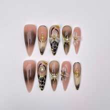 NailChic 10PCS Acrylic Stiletto Press On Nails, 3D Gold Star Rhinestone Metal Bead Decor, Nude Brown Gradient Leopard Print Gold Lined French Fake Nails, Retro Gentle Handmade Reusable Nail Art For Women - 彩色 - 查看 7