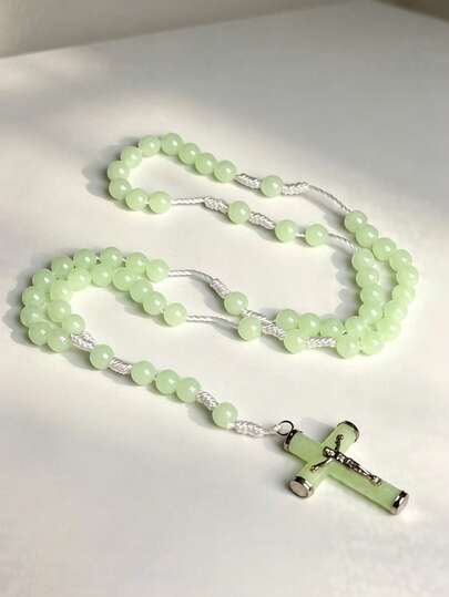 1 buah Kalung Liontin Salib Yesus Kristus Manik Bulat Antik Terjangkau dan Indah, Liontin Paduan Manik-Manik Katolik Kristen Bercahaya dalam Gelap dengan Rantai Tali Kepang, Perhiasan Fashion Unisex untuk Pemakaian Sehari-hari, Pesta, Liburan, dan Acara Kasual (Membutuhkan Penyerapan Cahaya Agar Bercahaya)