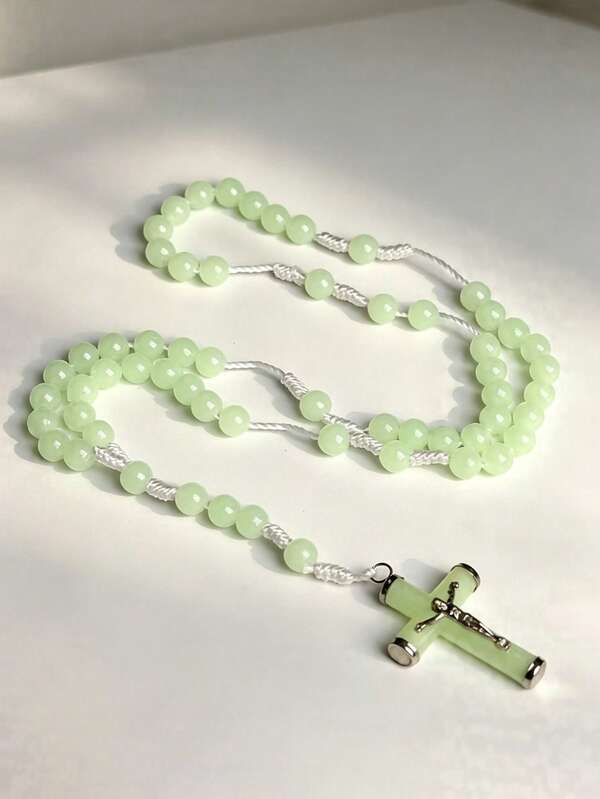 1pc Affordable Exquisite Vintage Rosary Round Bead Religious Jesus Passion Crucifix Pendant Necklace, Catholic Christian Glow-In-The-Dark Beaded Alloy Charm With Braided Rope Chain, Unisex Fashion Jewelry For Daily Wear, Party, Vacation And Casual Occasions (Requires Light Absorption To Glow)
