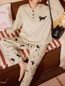 2 piezas/Set Pijama de mujer, conjunto de ropa de estar en casa, estampado de animales lindo, minimalista y juguetón, sudadera de cuello en V de manga larga y pantalones, para todas las estaciones - Albaricoque - Ver 8