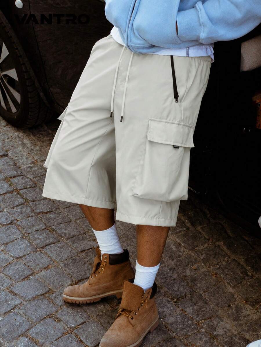 American Style Functional Cargo 5-Inch Men's Shorts, Drawstring Elastic Waist, Zipper Large Pockets, Lightweight Quick-Dry Loose Fit Outdoor Casual Mid-Length Pants - White - View 1