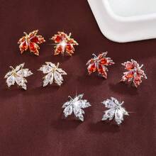 1 Pair Elegant Maple Leaf Design Cubic Zirconia Stud Earrings For Women, Casual Gift Design - Multicolor - View 10