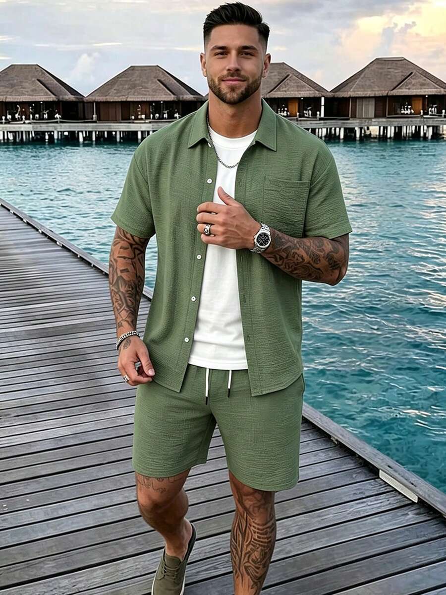 Men's Shirt Set With Patch Pocket Vacation Style Short Sleeve Shirt And Shorts Casual Set - Olive Green - View 1