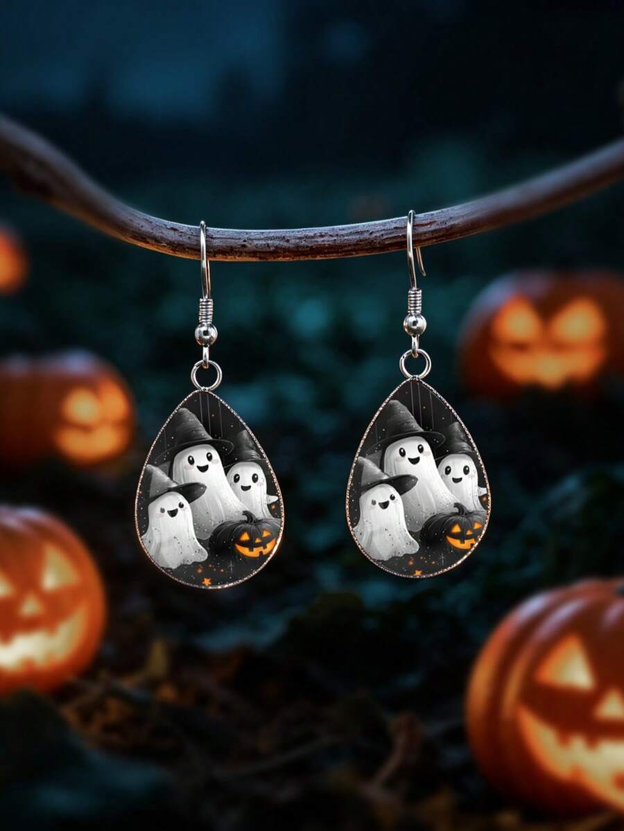 1 Pair Halloween Cute Ghost Pattern With 316 Stainless Steel Water Drop Earrings Suitable For Women's Daily Wear - White - View 1