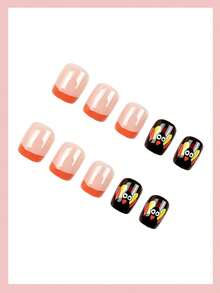 24pcs Rt Square French Nude Yellow Double Layer 3D Banana Design Nail Stickers, Fresh Sweet INS Style False Nails, Suitable For Students And Young Girls, Brighten Skin Tone, Self-Adhesive - 彩色 - 查看 3