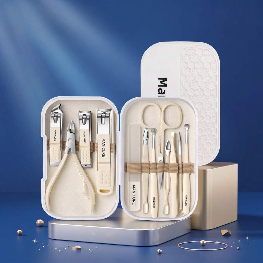 12pcs Professional Manicure & Pedicure Nail Care Set, Stainless Steel Beauty Tools With Portable Travel Storage Box, Suitable For Home And Salon Use - Apricot - View 1