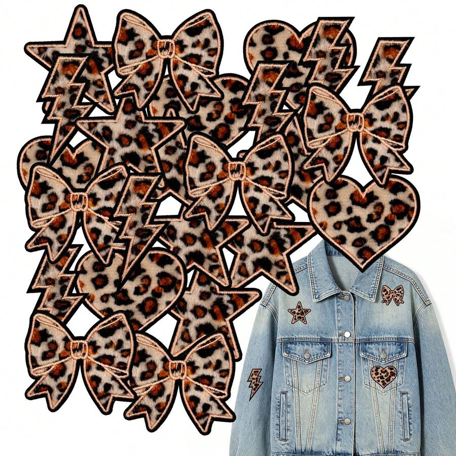 WENSIDUO 16Pcs Leopard Star Heart Iron On Patches, Embroidered Flower Themed Sew On Patches, Applique Patches For Clothing, Jackets, Hats, Backpacks, Jeans - Leopard - View 1
