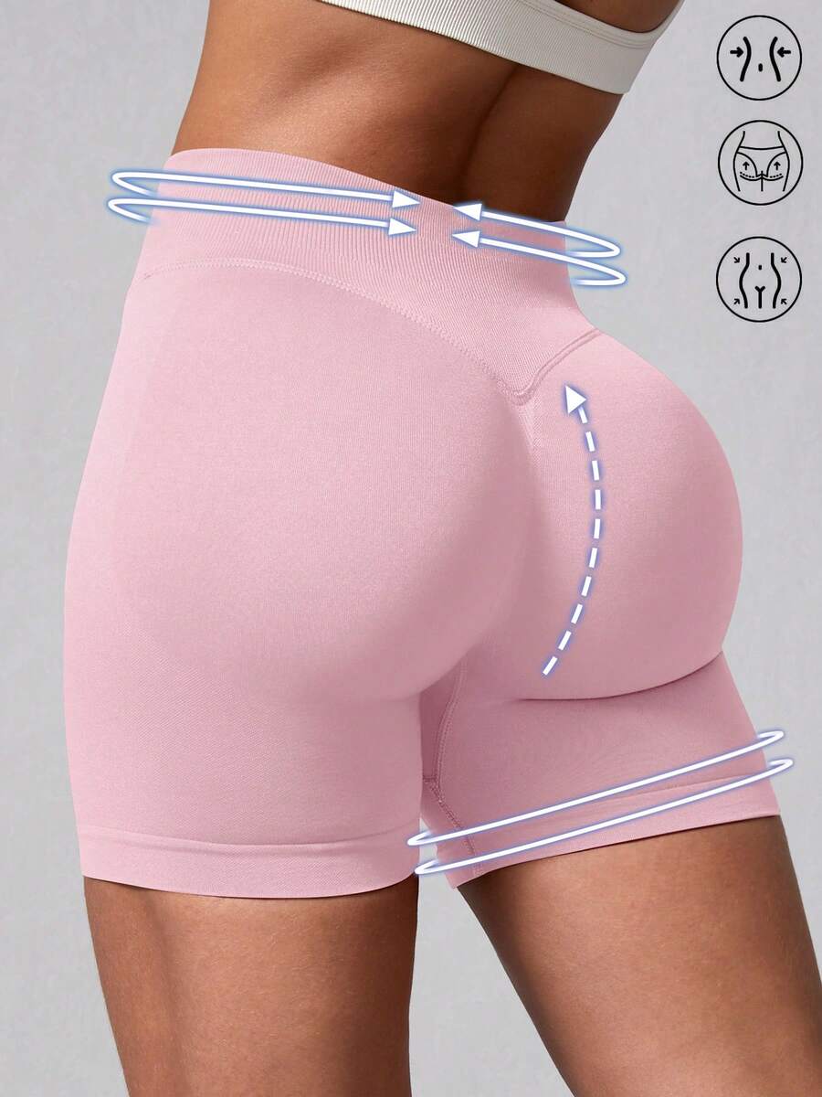 1pc Women's Ribbed Solid Color Seamless Bodycon Sports Shorts, Butt-Lifting Ruched Outdoor Athletic Shorts For Running, Fitness, Cycling, Workout Pink - Pink - View 1