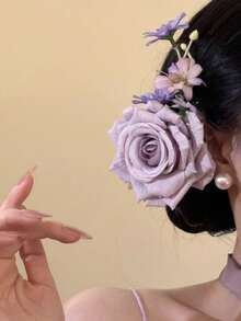 女款紫色玫瑰人造花髮夾，優雅髮飾，適合日常配戴、居家、學校、海灘、度假、工作、通勤、派對、節日、生日禮物、返校季、大學風、新年、情人節、母親節、婚禮季、新娘、音樂節，適用春夏秋冬 - 紫色 - 查看 2