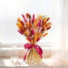 1 Bunch Orange Pink Artificial Fluffy Rabbit Tail Grass And Leaves, Low Maintenance Faux Floral, Suitable For Wedding Centerpiece Decoration, Autumn/Winter Holiday Decor - Orange-red - View 6