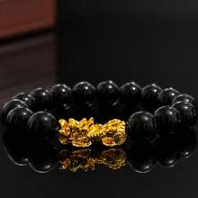 Gelang Pi Yao Ganda Obsidian Matte & Emas Pasir Baru, Kekayaan & Perlindungan, Gelang Pi Yao Tahun Zodiak, Hadiah Aksesori Fashion untuk Pria & Wanita - Hitam - View 9