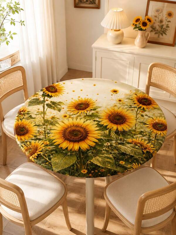1pc Round Tablecloth, Sunflower Pastoral Blooming, Round Tablecloth, Elastic Outdoor Tablecloth, Elastic Table Cover, Suitable For Round Tables, Suitable For Picnic, Camping, Dinner, Easter Decoration, Theme Party, Garden Party Decoration Tablecloth