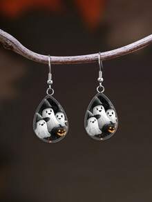 1 Pair Halloween Cute Ghost Pattern With 316 Stainless Steel Water Drop Earrings Suitable For Women's Daily Wear - White - View 2