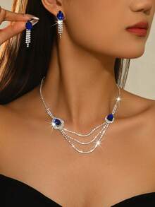 Luxury Elegant Water Drop Earrings & Necklace Set, Evening Gown Light Luxury Accessories, Suitable For Wedding, Bridesmaid, Banquet, Party Jewelry - 1884 Blue-hB - View 2