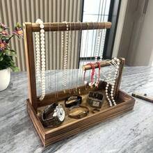 1 pieza Soporte de exhibición de joyas de madera de estilo vintage de varios niveles con bandeja, adecuado para exhibir collares, aretes, anillos, la bandeja inferior proporciona espacio de almacenamiento adicional, se puede usar como estante de exhibición de joyas u organizador de joyas, decoración navideña - 1 bandeja para guardar accesorios de joyería - Ver 3