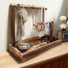 1 pieza Soporte de exhibición de joyas de madera de estilo vintage de varios niveles con bandeja, adecuado para exhibir collares, aretes, anillos, la bandeja inferior proporciona espacio de almacenamiento adicional, se puede usar como estante de exhibición de joyas u organizador de joyas, decoración navideña - 1 bandeja para guardar accesorios de joyería - Ver 9
