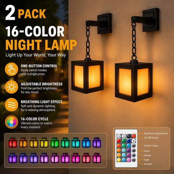 2 Pack 16-Color Rechargeable Pixel Lantern Night Lights With Remote Control, Retro Hanging LED Lamps For Wall, Table, Bedroom, Gaming Room & Home Decor