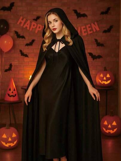 1pc Black Halloween Hooded Cape, Black Satin Costume Cape, Elegant Vintage Hooded Cape, Halloween Party Decoration, Halloween Vampire Witch Costume