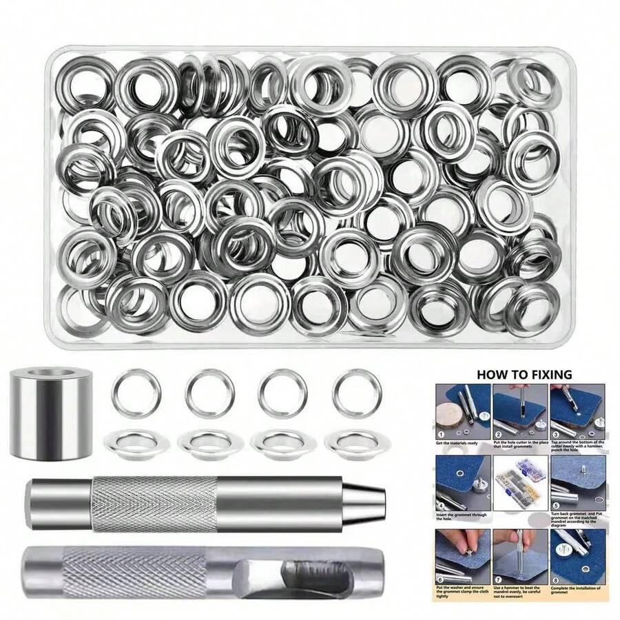 EDCUEBE7 100pcs (6/8/10/12mm) Copper Eyelet Tool Set, Includes Puncher And Hollow Punch Head, Suitable For Installing Eyelets On Clothing, Leather, Fabric, Belts And Other Materials, As Well As Impact Punch And Puncher, Can Be Used For Jewelry Making. Durable Iron Tools, Suitable For Leather, Belts, Clothing And Curtains. Set Includes Storage Bag.