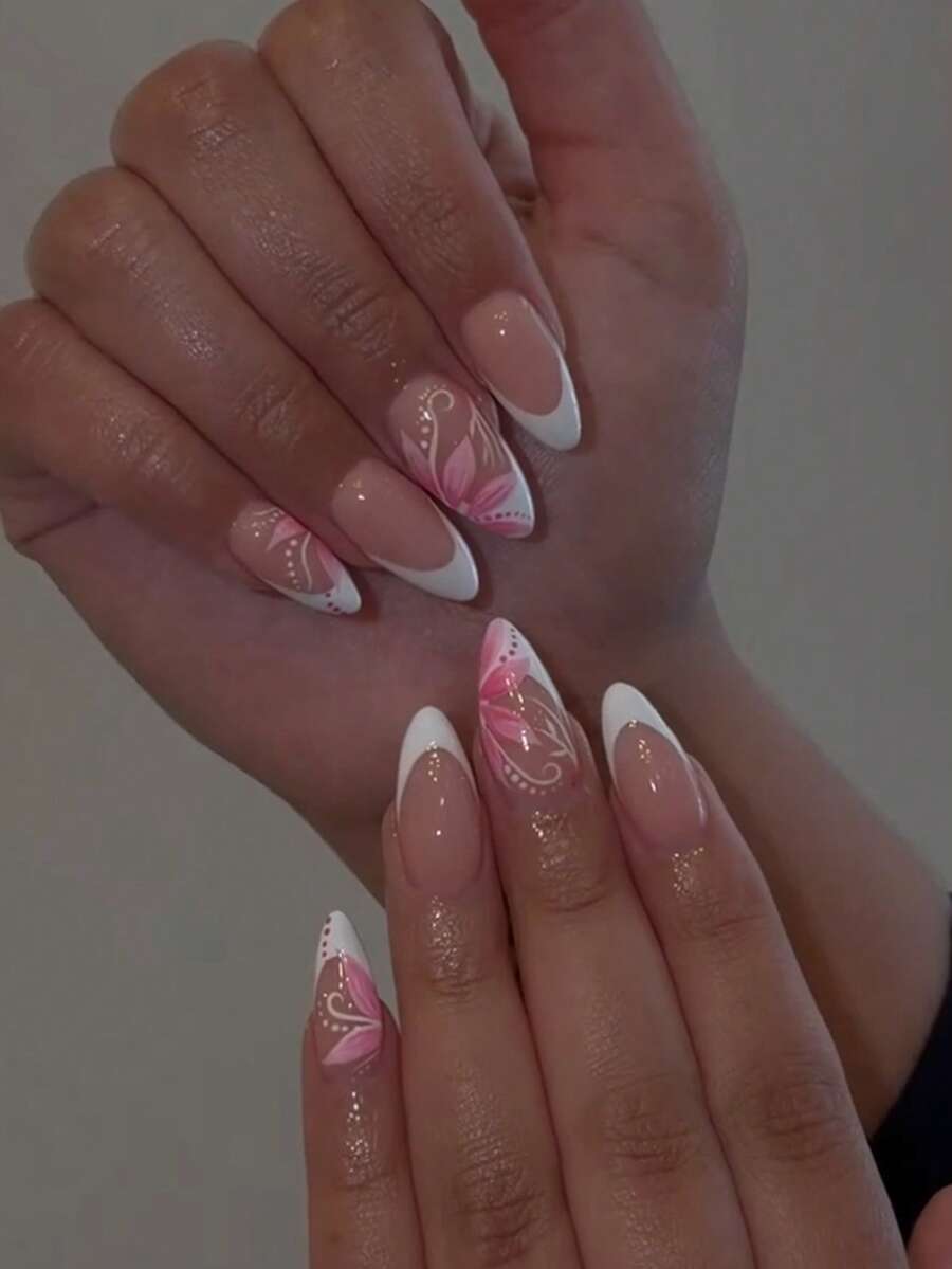 30pcs French Long Almond Shape Press-On Nails, Floral Pattern, Acrylic Material. Includes 1 Sheet Jelly Glue Sticker And 1 Nail File. - Multicolor - View 1