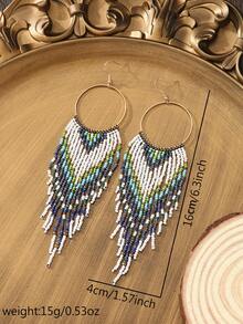 1 par de pendientes de aro con borlas de cuentas de semilla hechas a mano en blanco, verde y azul, pendientes de cuentas, accesorios de estilo bohemio para vacaciones, pendientes largos colgantes vintage para mujer, diseñados para mujer, pendientes de aro redondos, estilo a la altura del hombro, accesorios personalizados para vacaciones, adecuados para fiestas, uso diario y vacaciones - borlas redondas - Ver 2