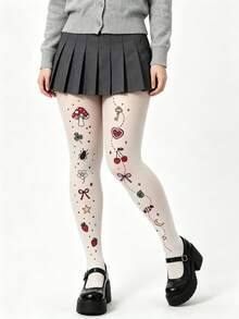 1 Pair Of Women's Gothic-Style Printed Tights, And Fashionable Y2K Style, Are The Top Choice For Fashion Enthusiasts, Suitable For Daily Wear - White - View 5