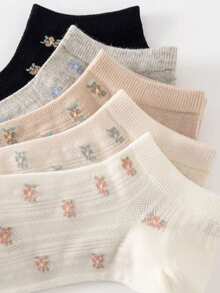 5 pares de calcetines cortos de barco de corte bajo con estampado floral vintage para mujeres, transpirables de malla fina hueca para primavera/verano, versátiles para niñas - Multicolor - Ver 2