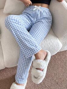 1pc Women's Dual-Color Plaid Print Soft Comfortable Flannel Thermal Lined Pajama Pants, Autumn/Winter - Blue - View 4